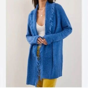 Anthropologie Elsa Fringe Oversized Open Front Cardigan XS Blue